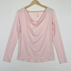 Lucy Pink Cowl Neck Semi Sheer Long Sleeve Jersey Tee Shirt Top Womens Small